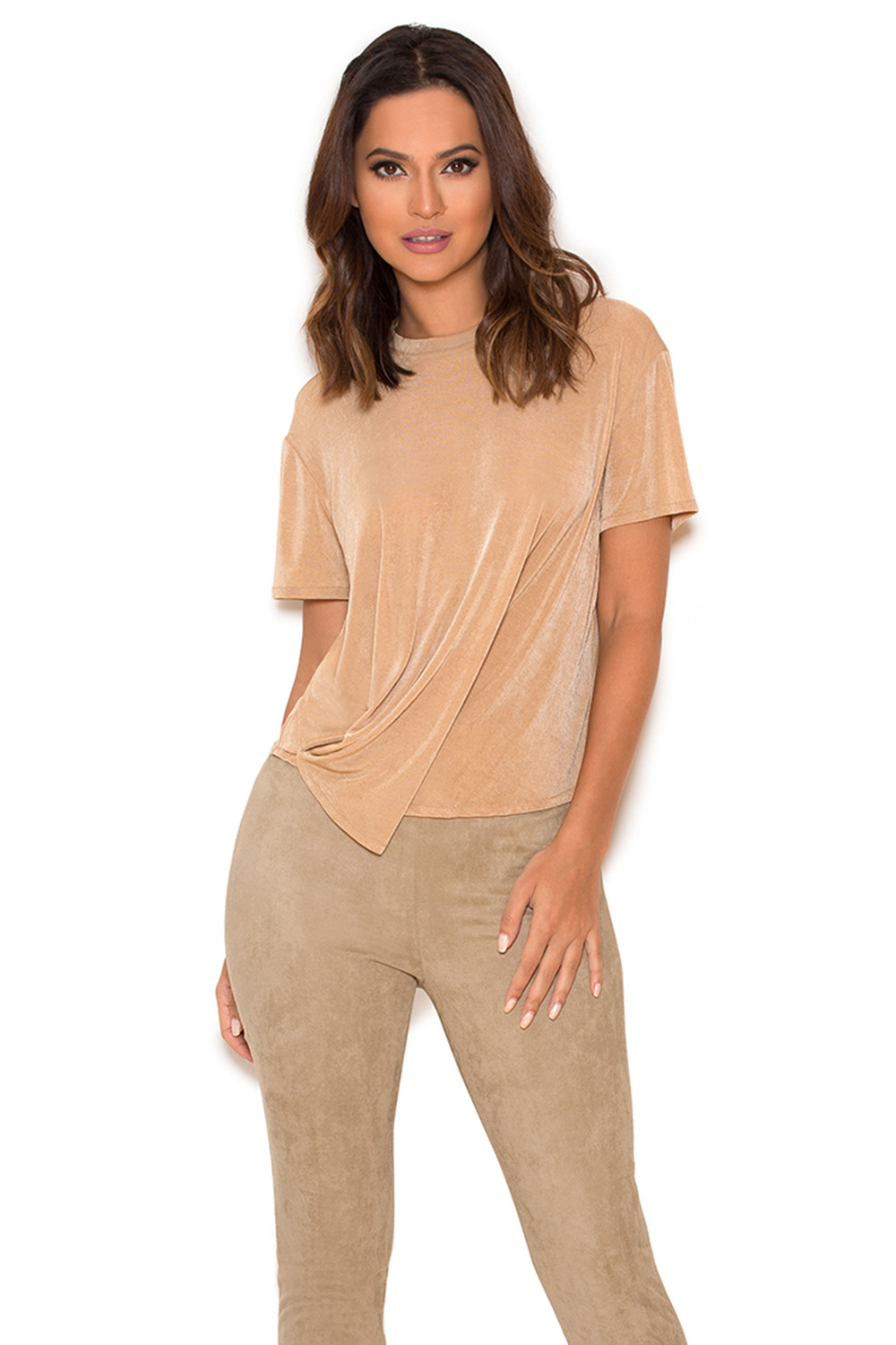 'Aspen' Sand Silky Knit Draped Tshirt - SALE