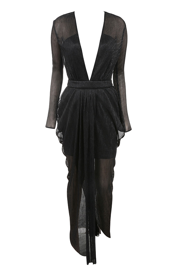 'Blanca' Black Shimmer Sheer Chiffon Maxi Dress