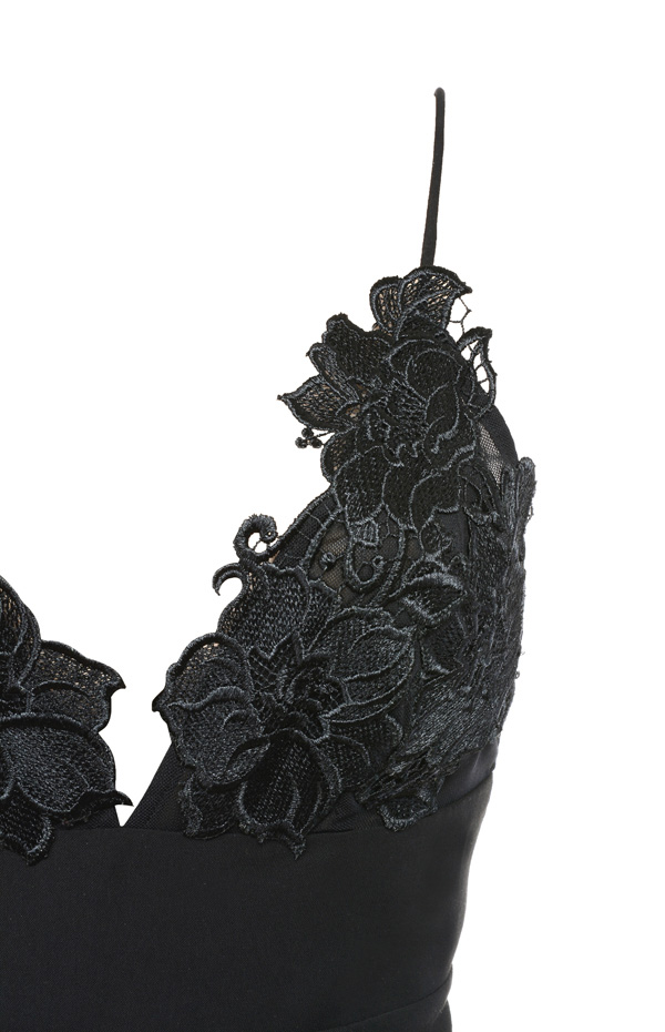'Caprice' Black Slip Dress with Lace Applique