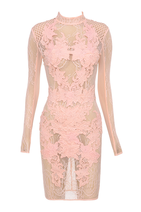 'Gialla' Peach Mesh and Lace Long Sleeved Dress - SALE