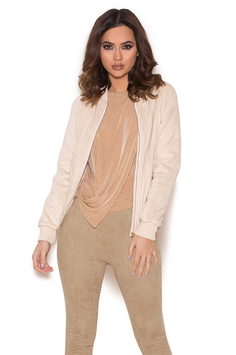 'Kasha' Beige Suedette Bomber Jacket - SALE