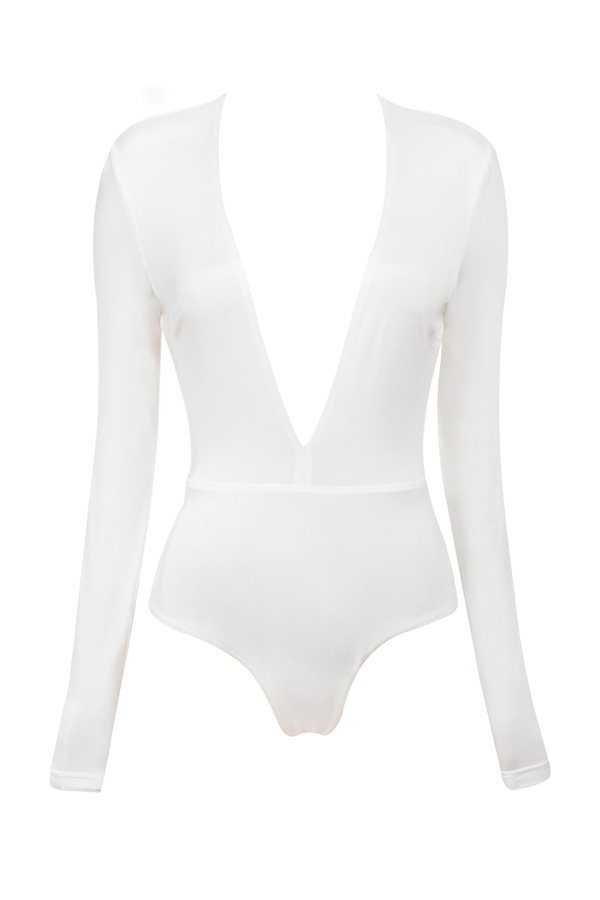 'Lorenza' White Silky Jersey Deep V Bodysuit