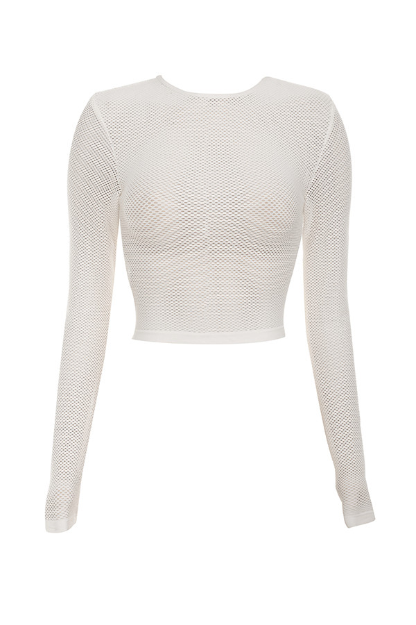'Major' White Knitted Stretch Mesh Long Sleeved Top - SALE