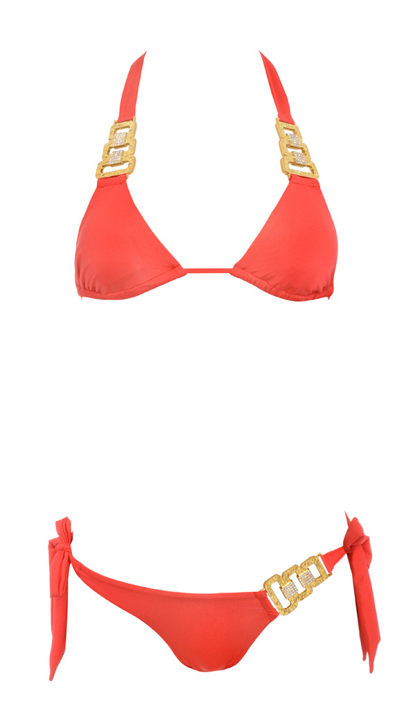 'Persia' Red Halterneck Bikini with Gold and Crystal Embellishments - SALE