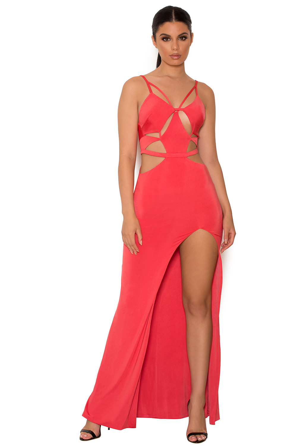 'Ardelle' Deep Coral Thigh Slit Maxi Dress - SALE