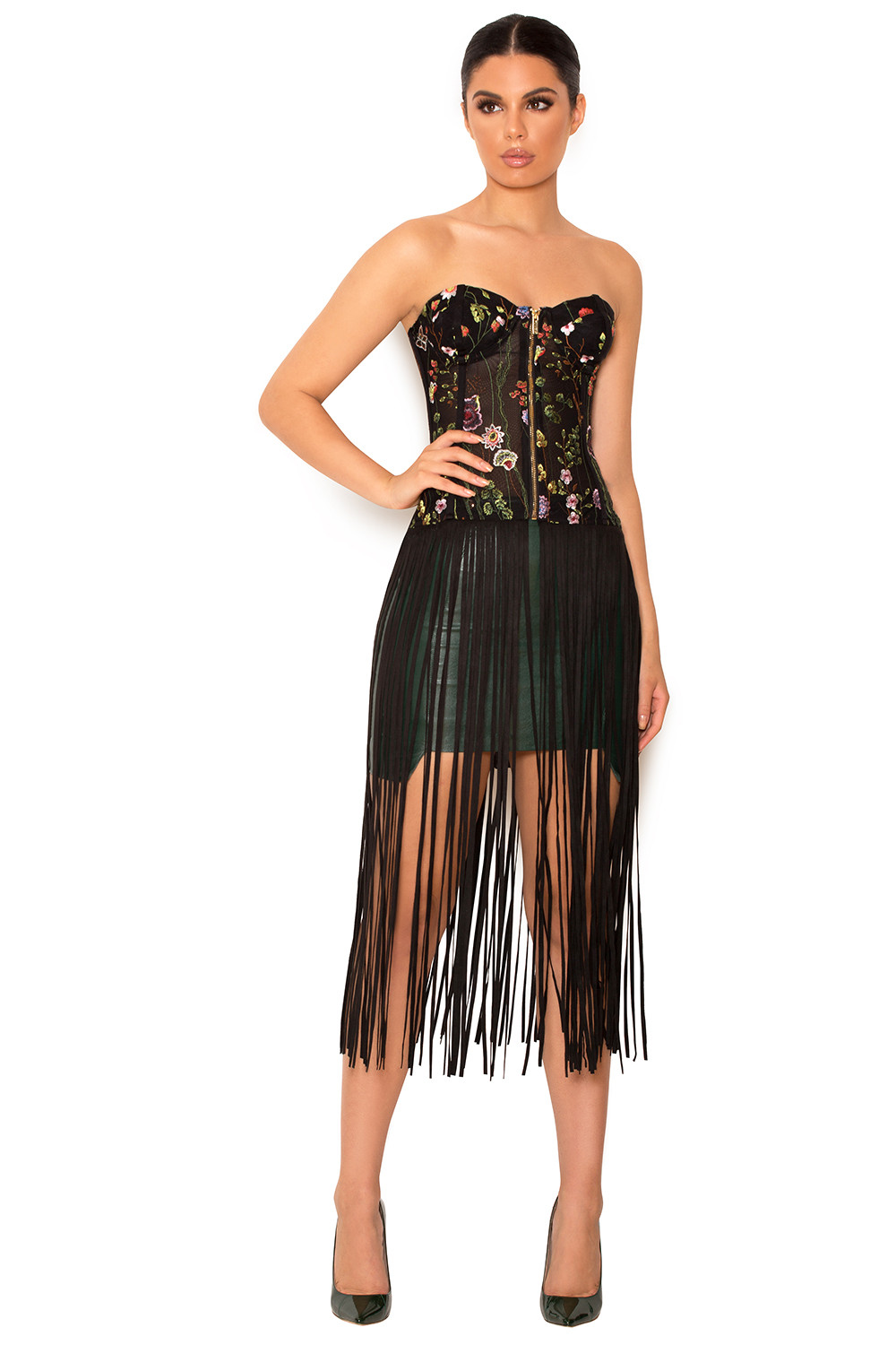 'Carel' Black Embroidered Fringed Bustier - SALE