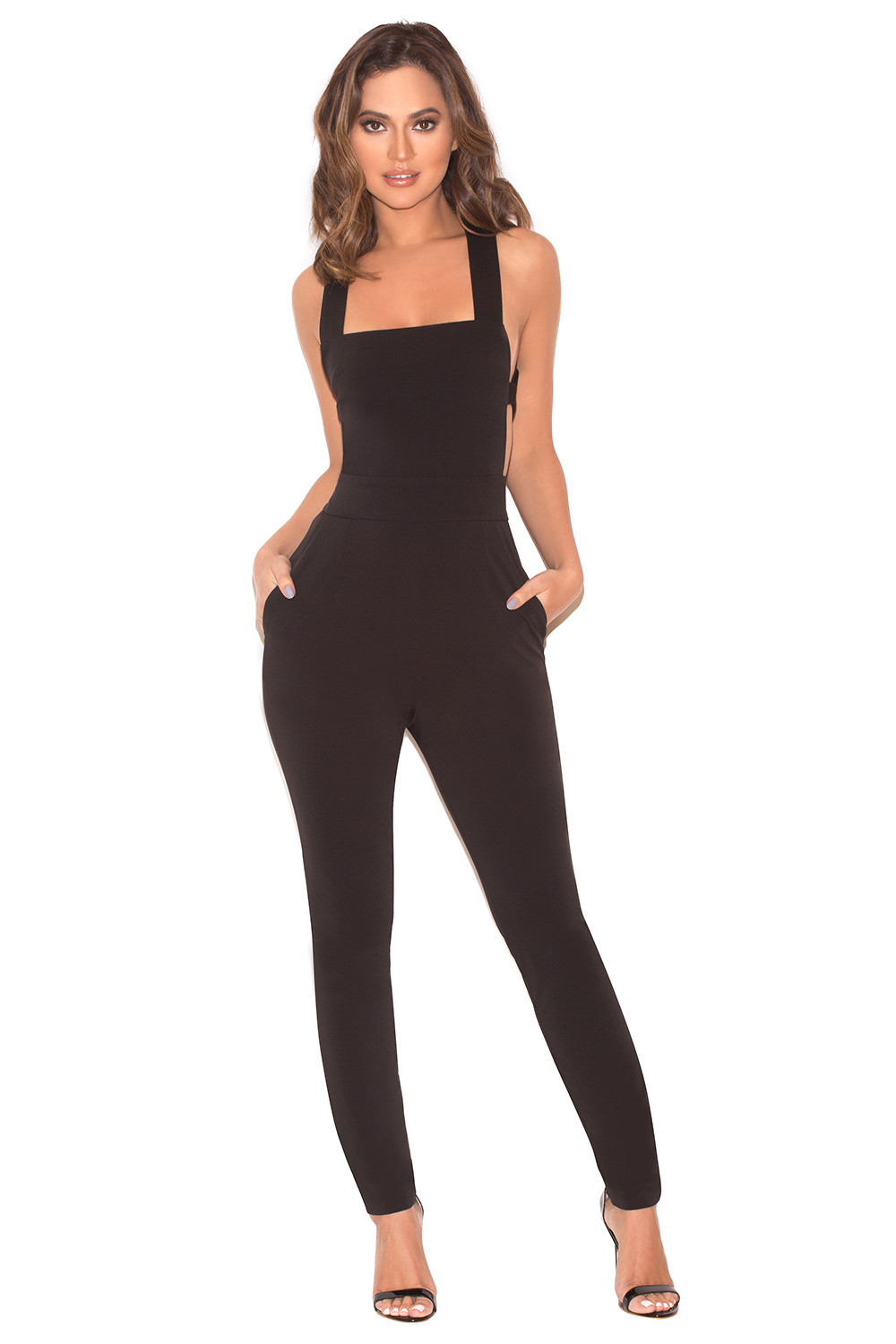 'Chiarina' Black Crepe Strappy Jumpsuit