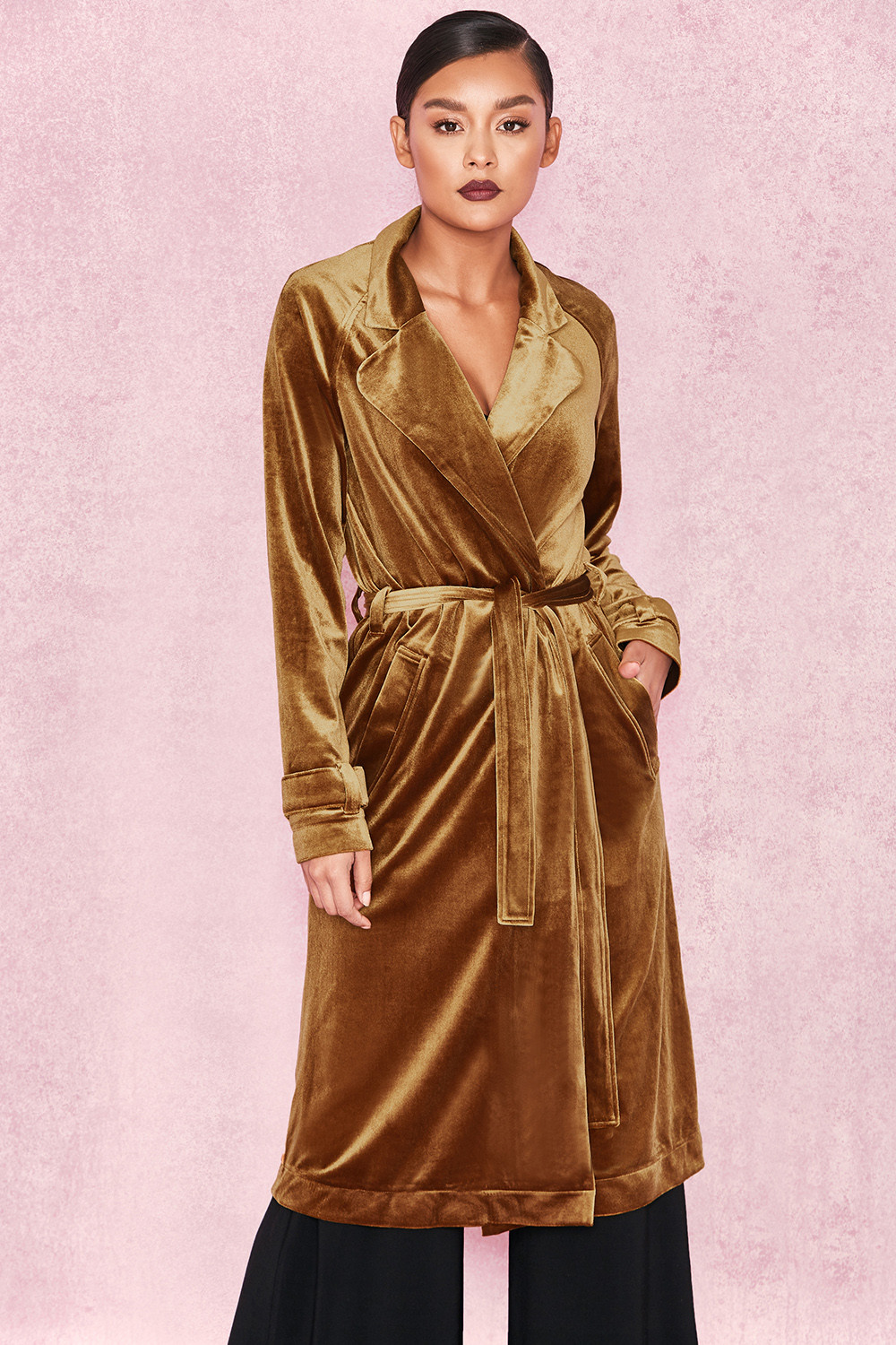 'Christiana' Bronze Velvet Tie Waist Trench Coat - SALE