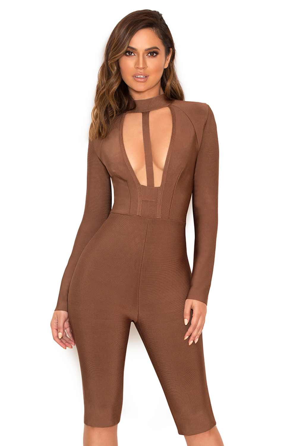 'Comelle' Brown Bandage Knee Length Jumpsuit - SALE