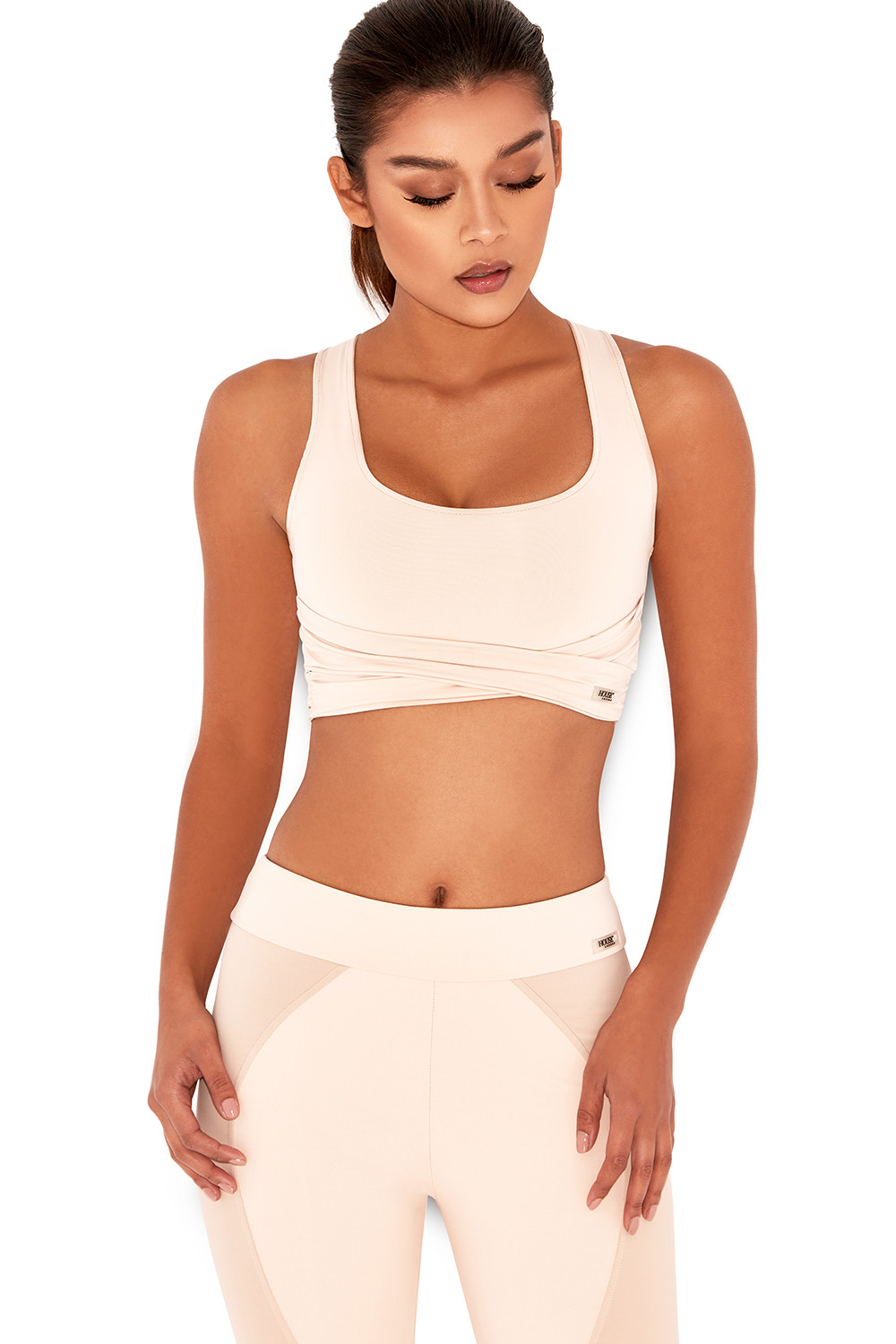 'Cool' Nude & Blush Wrap Effect Scoop Neck Cropped Workout Top