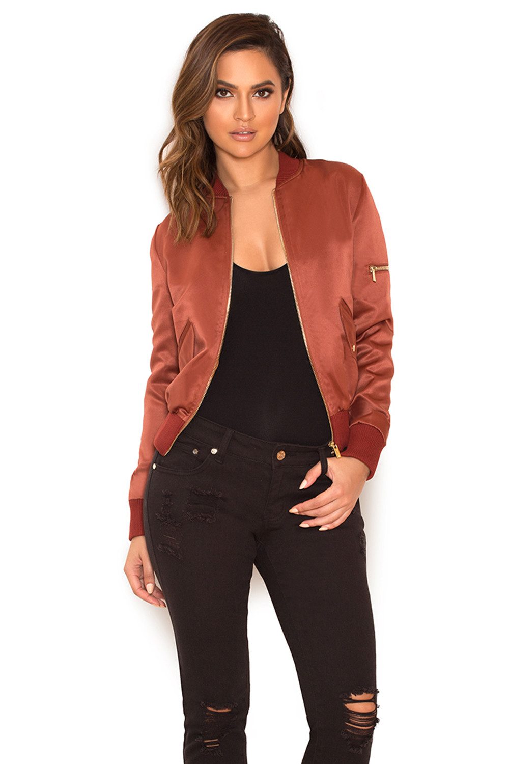 'Dena' Bronze Satin Bomber Jacket - SALE