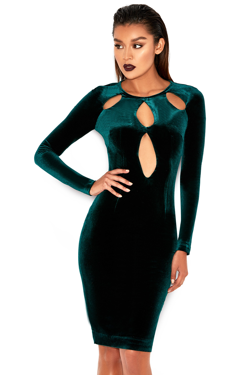 'Denara' Evergreen Stretch Velvet Cut Out Dress - SALE