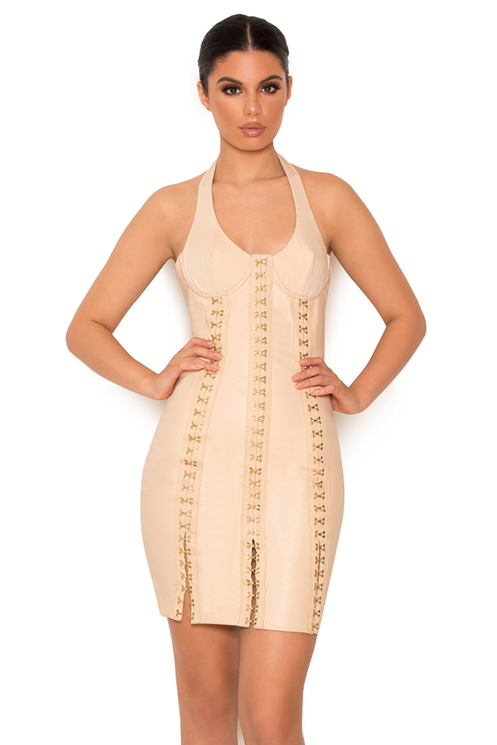 'Leda' Nude Vegan Leather Hook and Eye Dress - SALE