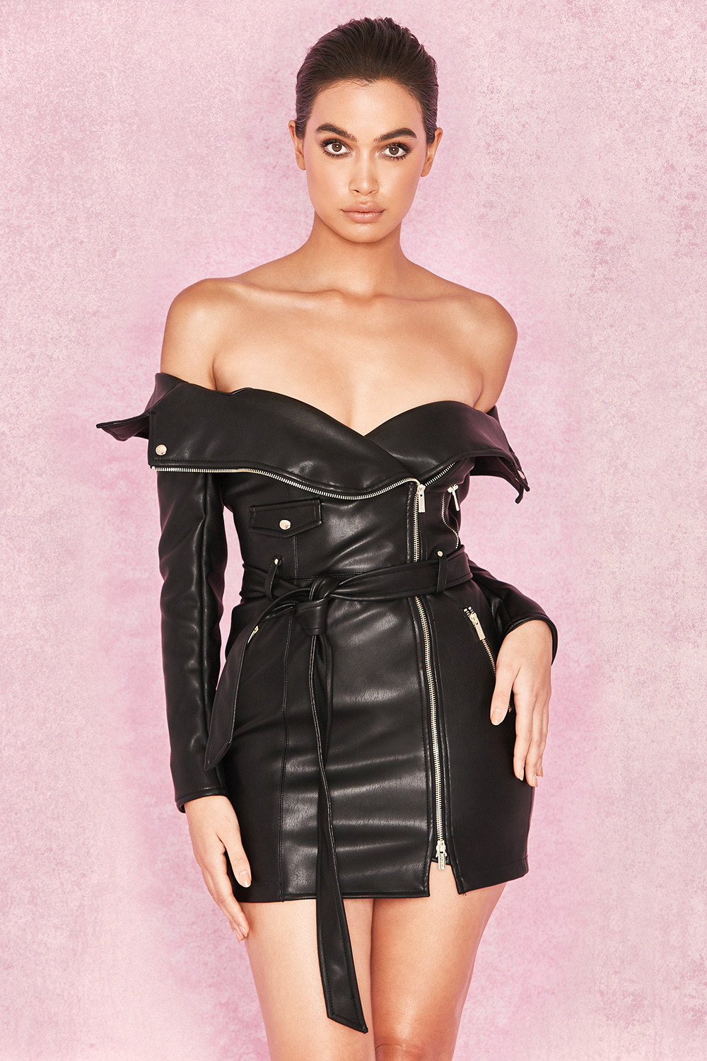'Madeleine' Black Vegan Leather Coat Dress