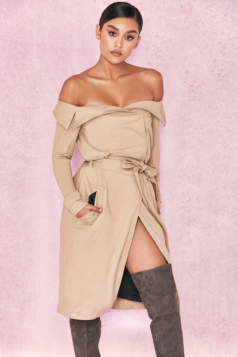 'Magdalena' Camel Off Shoulder Trench Coat