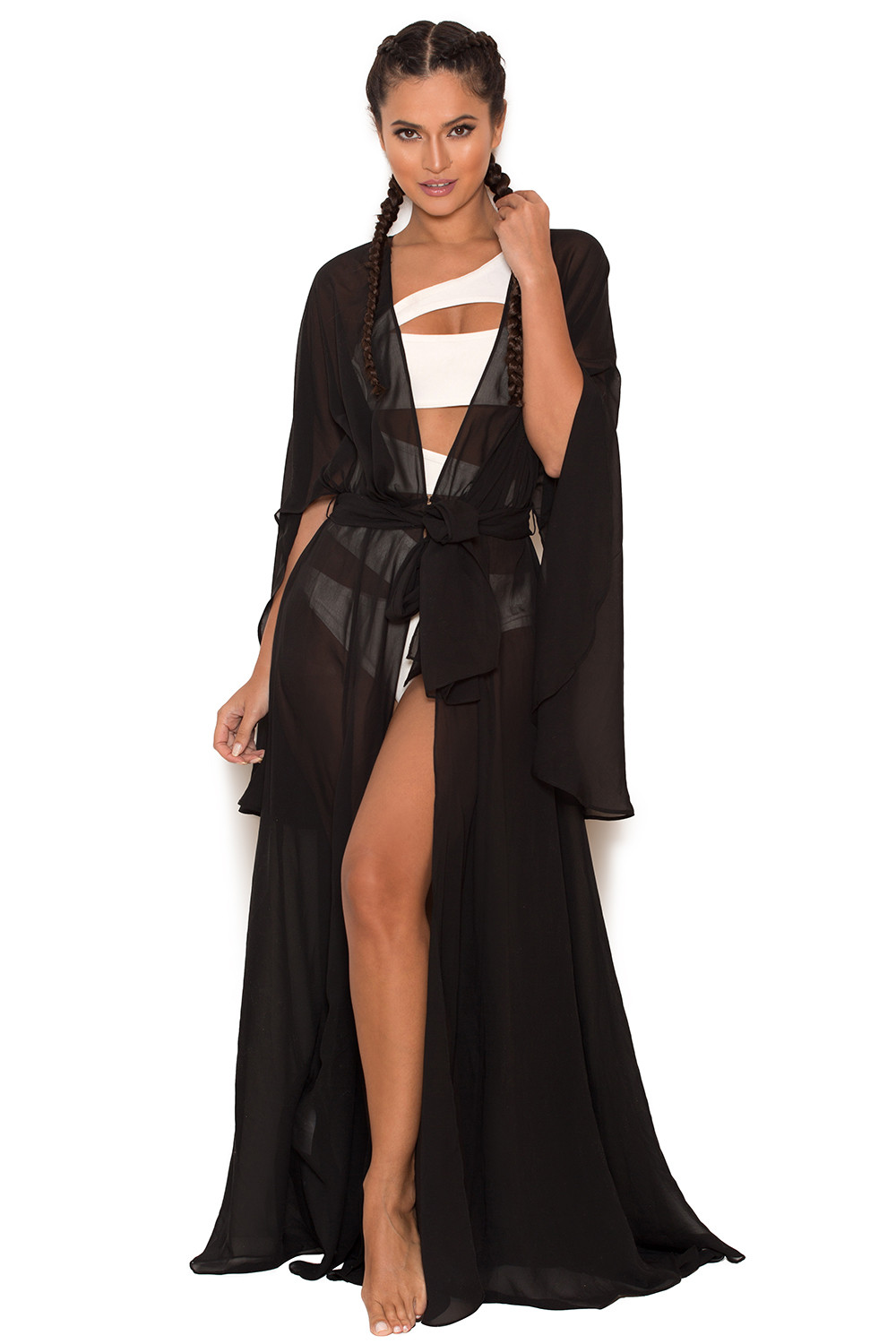 'Mariea' Black Chiffon Full Length Beach Cover Up