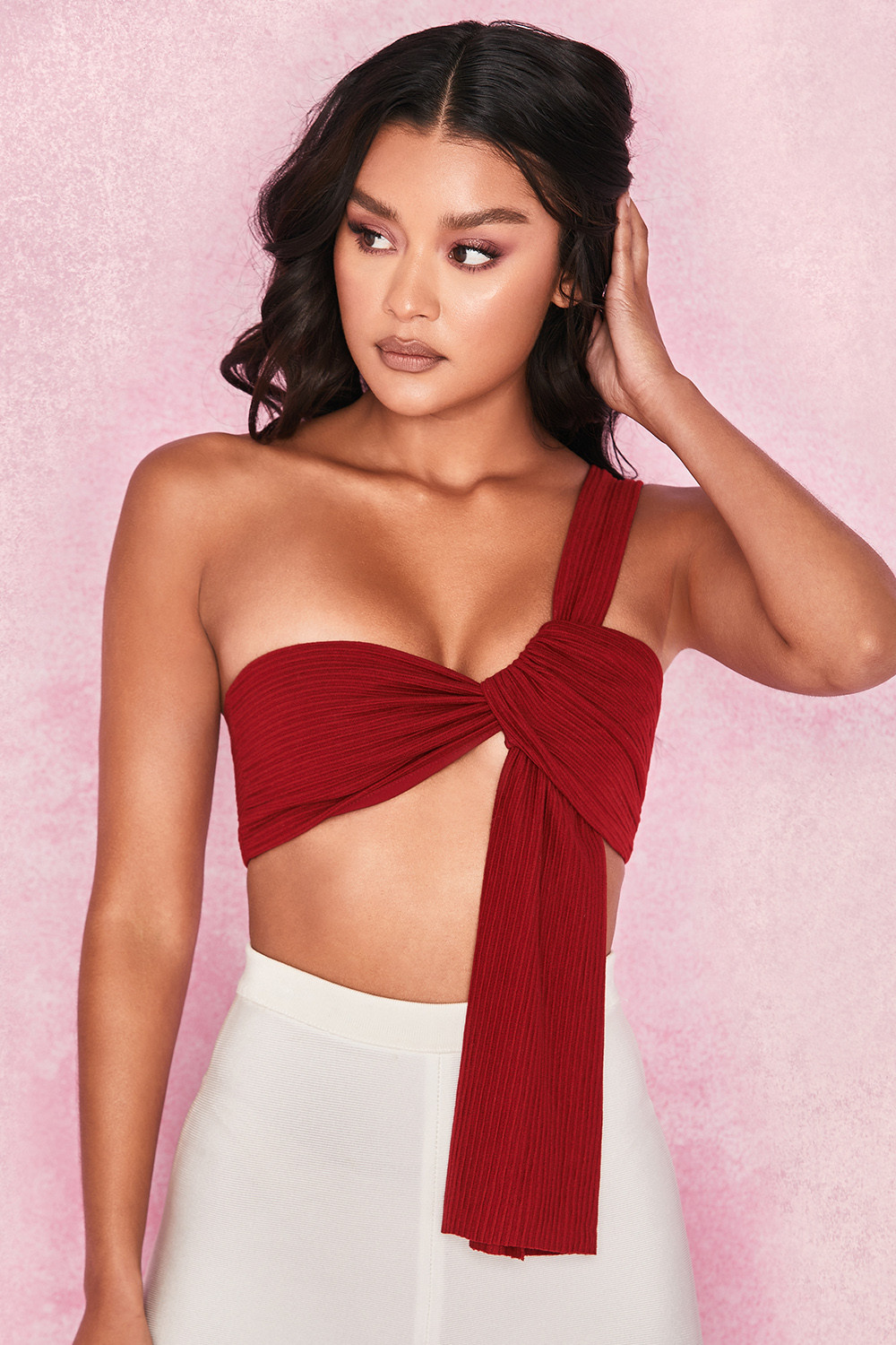 'Marnelle' Burgundy Knot Front Cropped Rib Top