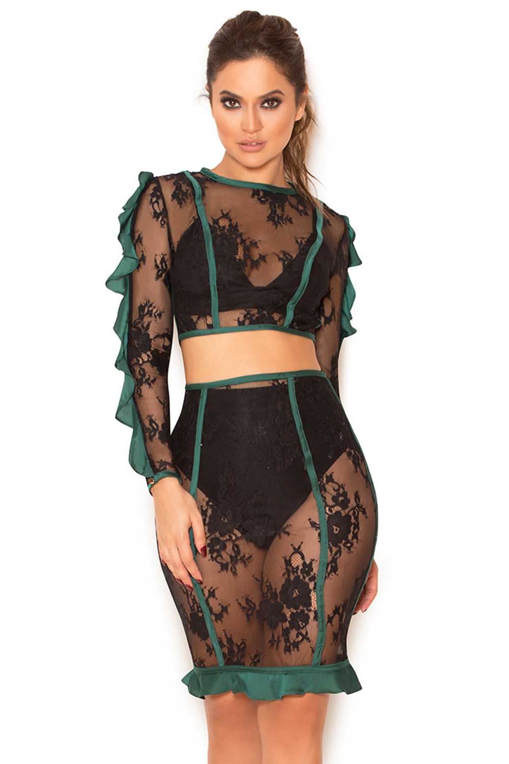 'Martel' Emerald and Black Lace Ruffle Two Piece - SALE