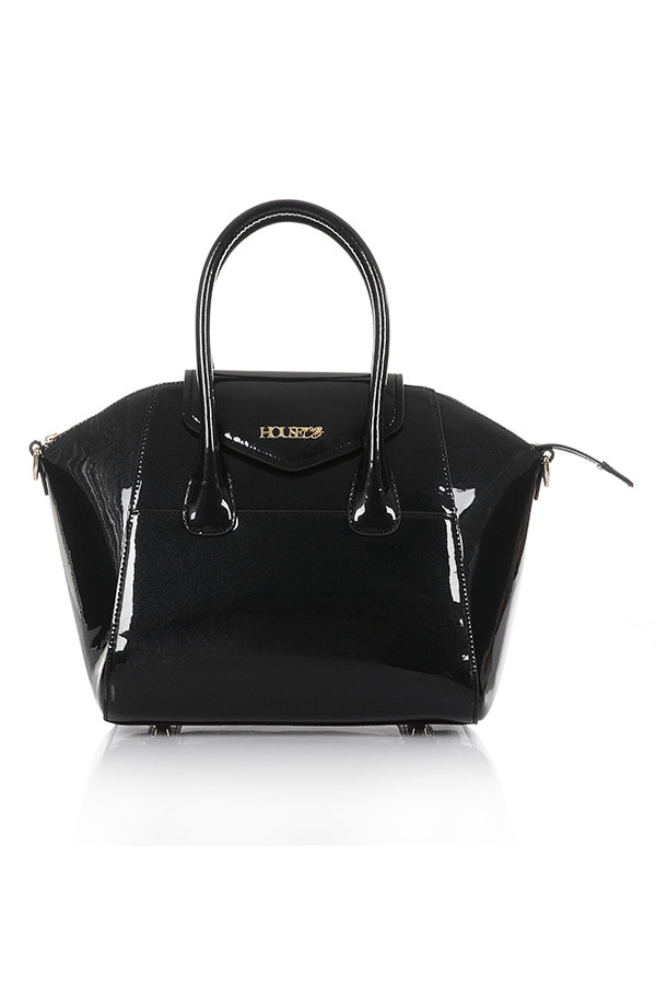 'Melrose' Patent Black Real Leather Top Handle Bag