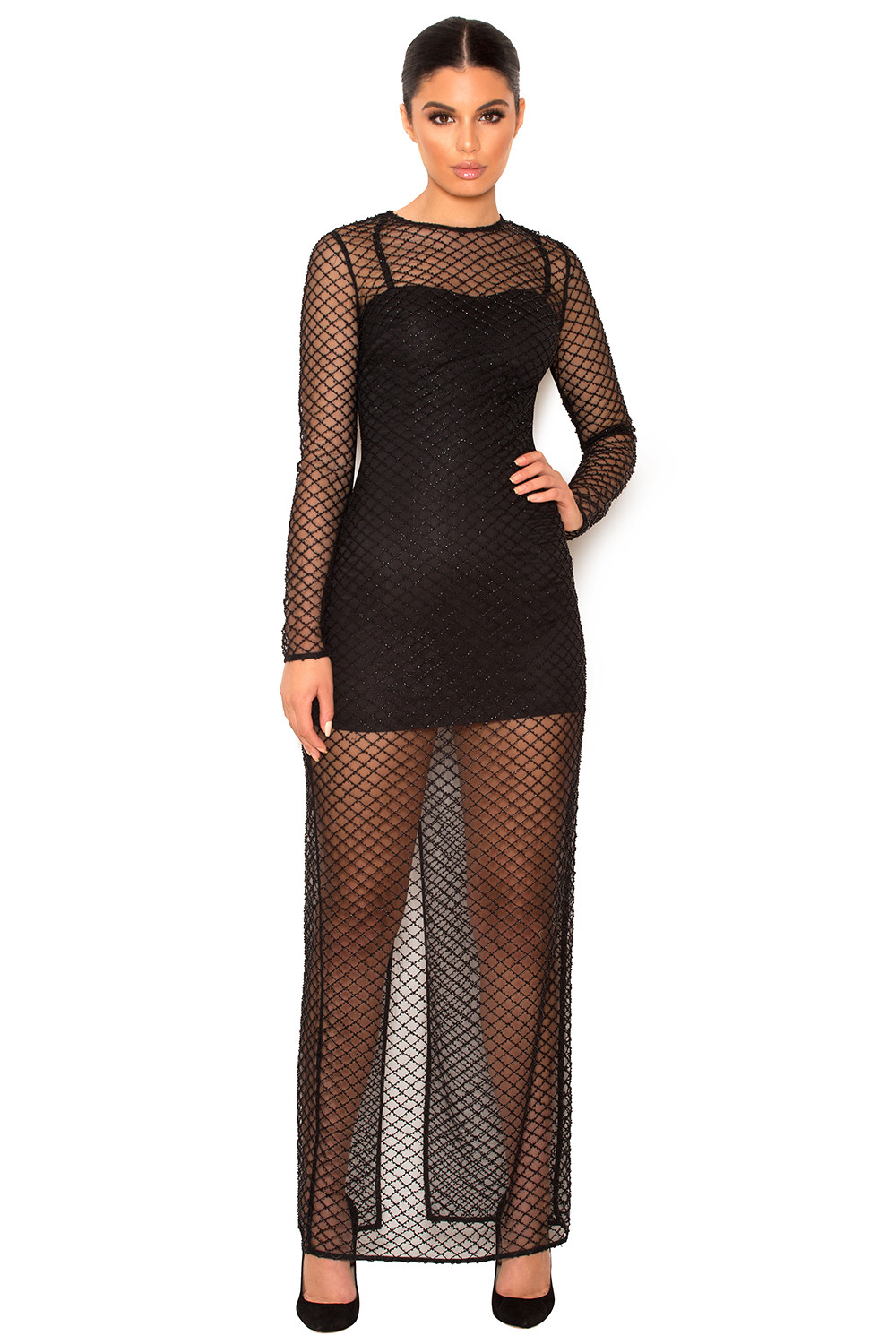 'Nyla' Black Crystal Encrusted Fishnet Maxi Dress with Under Garments - Limited Edition - SALE