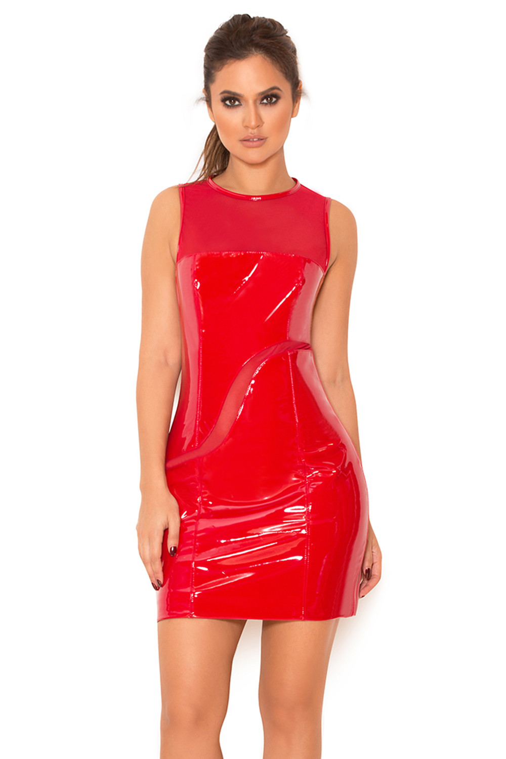 'Rala' Red Glossy Stretch Vinyl & Mesh Dress - SALE