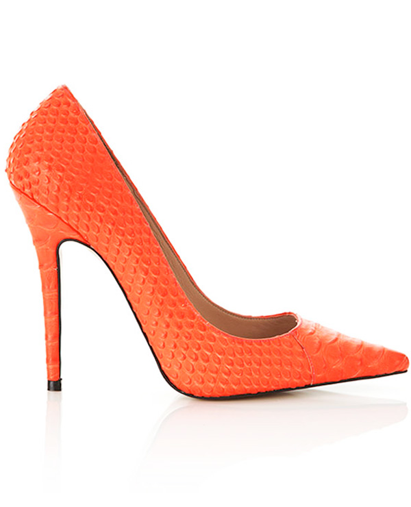 'Paris' Neon Orange Faux Snake Skin Point Toe Heels