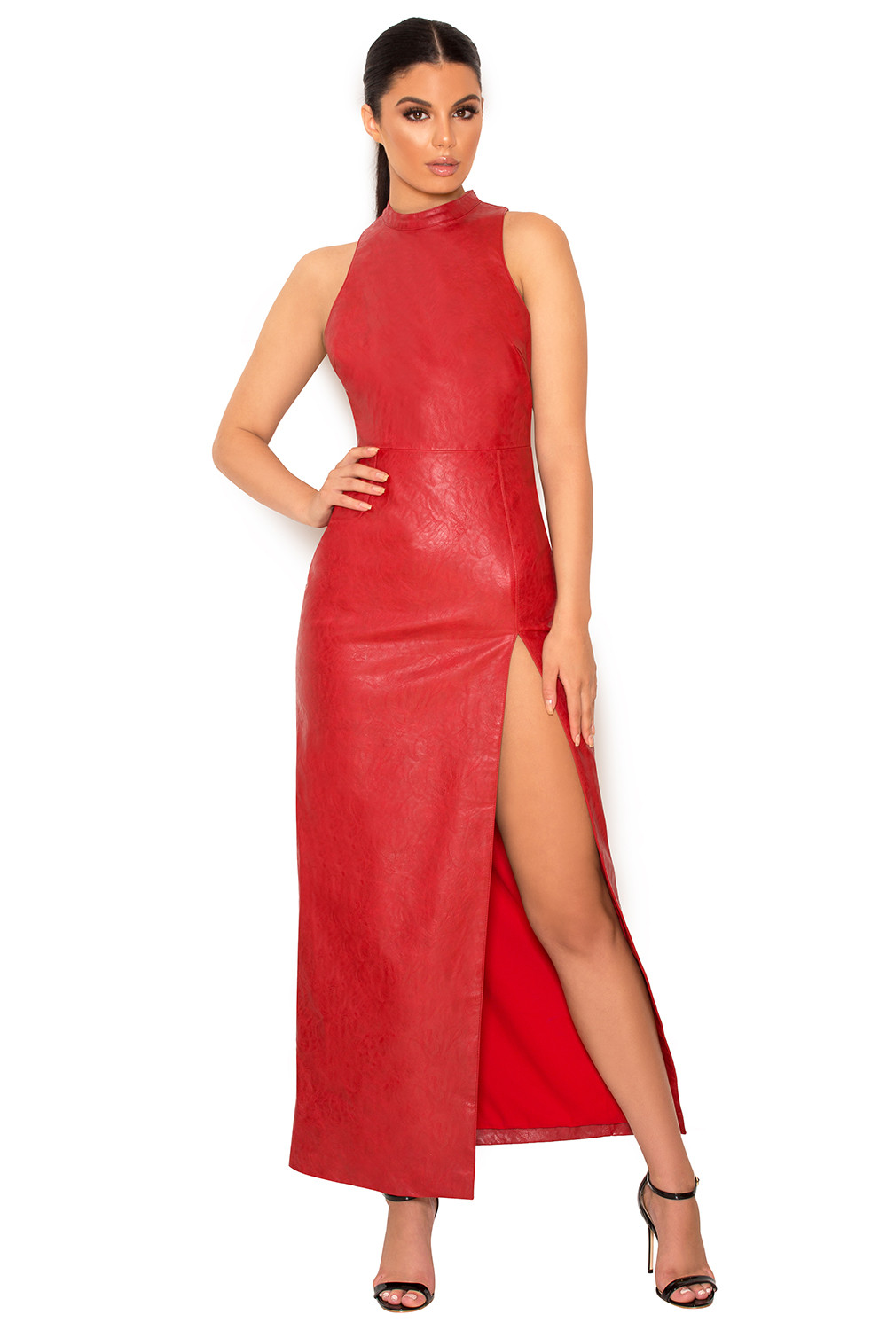 'Sanem' Red Vegan Leather Thigh Split Maxi Dress - SALE