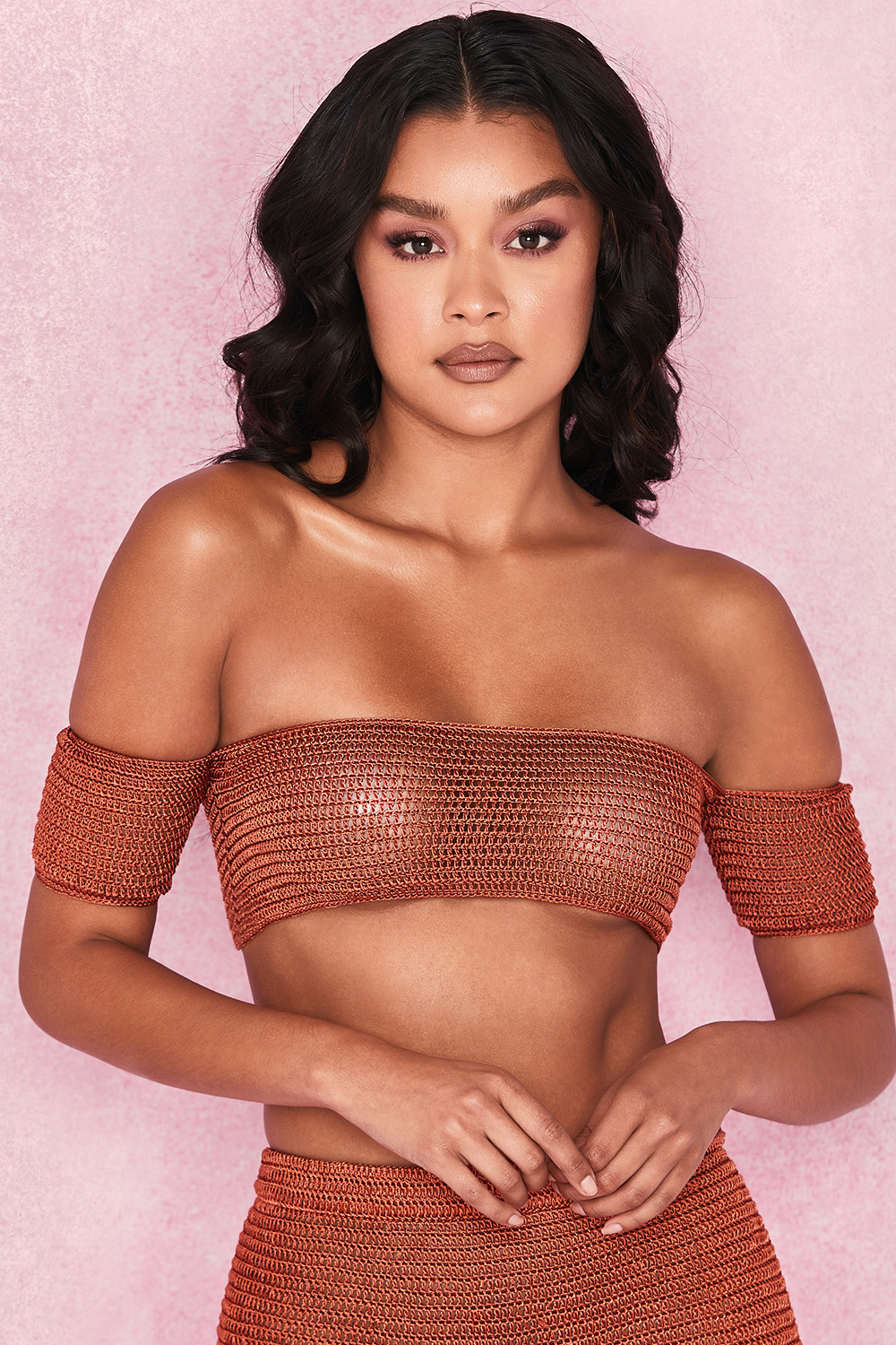 'Tatiana' Rust Double Crochet Off Shoulder Bardot Top