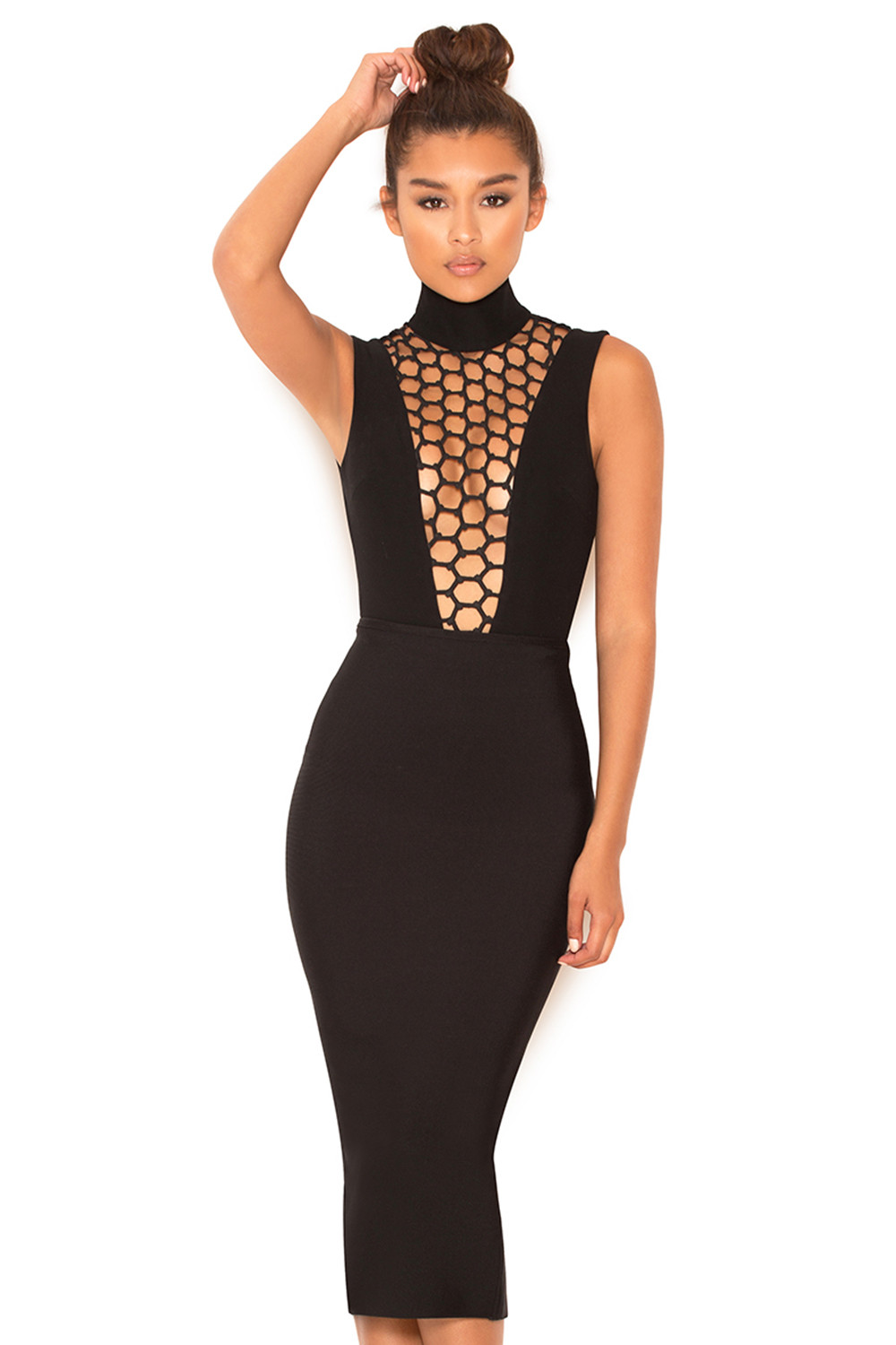 'Tiana' Black Open Work Deep V Bodysuit - SALE