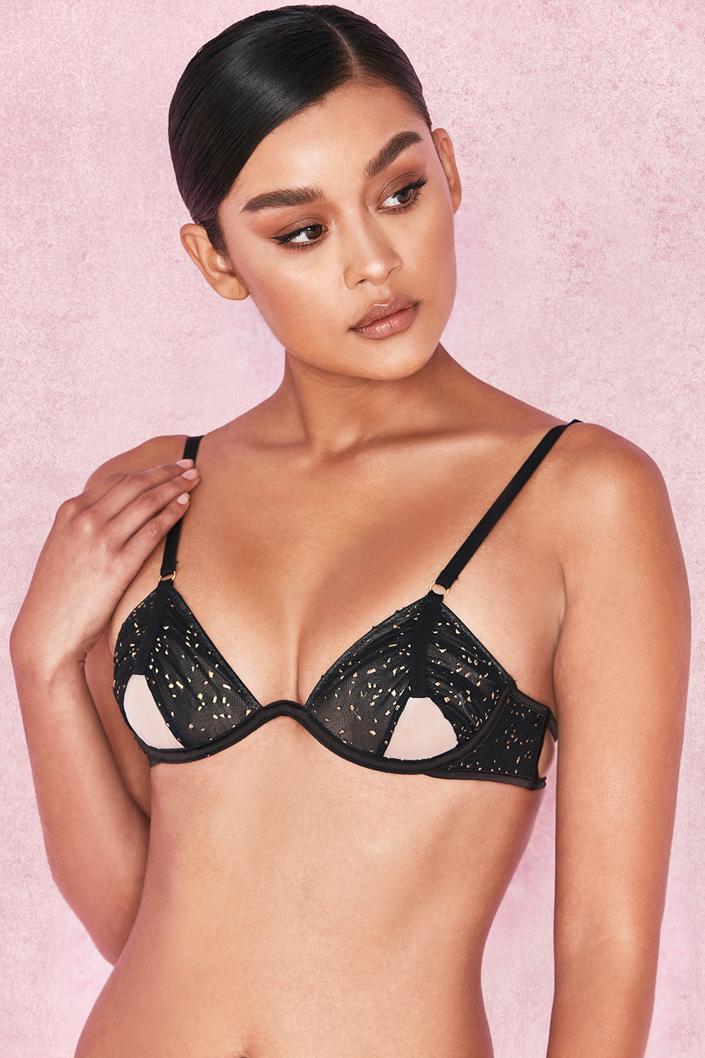 'Valercia' Black and Gold Mesh Monowire Peep Bra