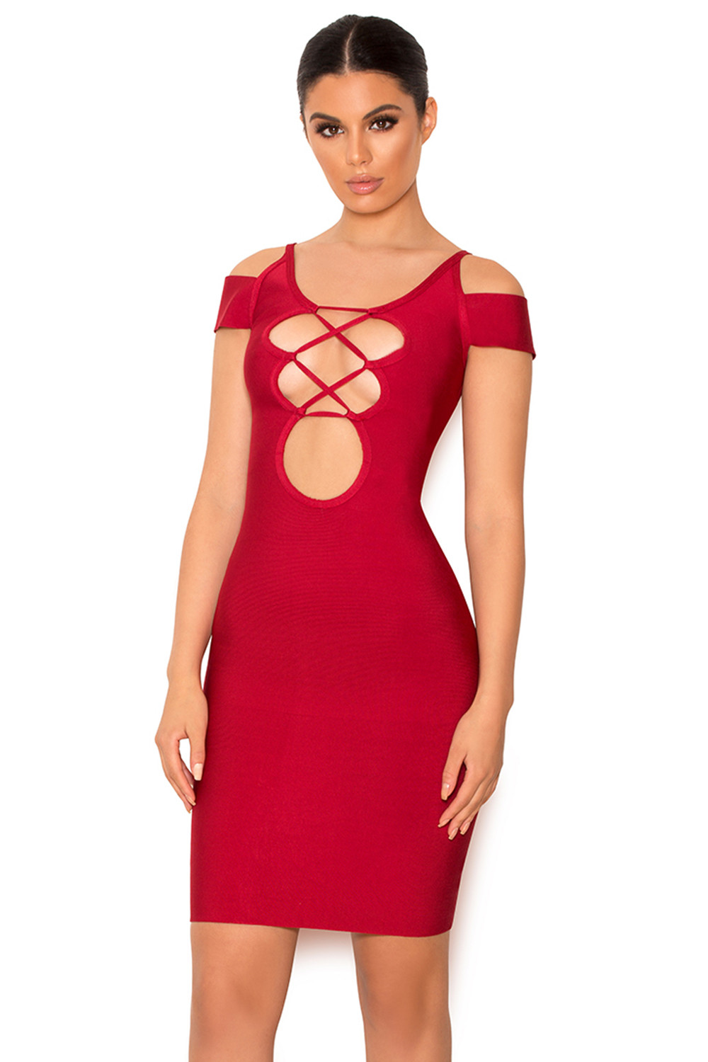 'Vitella' Lace Up Bardot Sleeve Bandage Mini Dress - SALE
