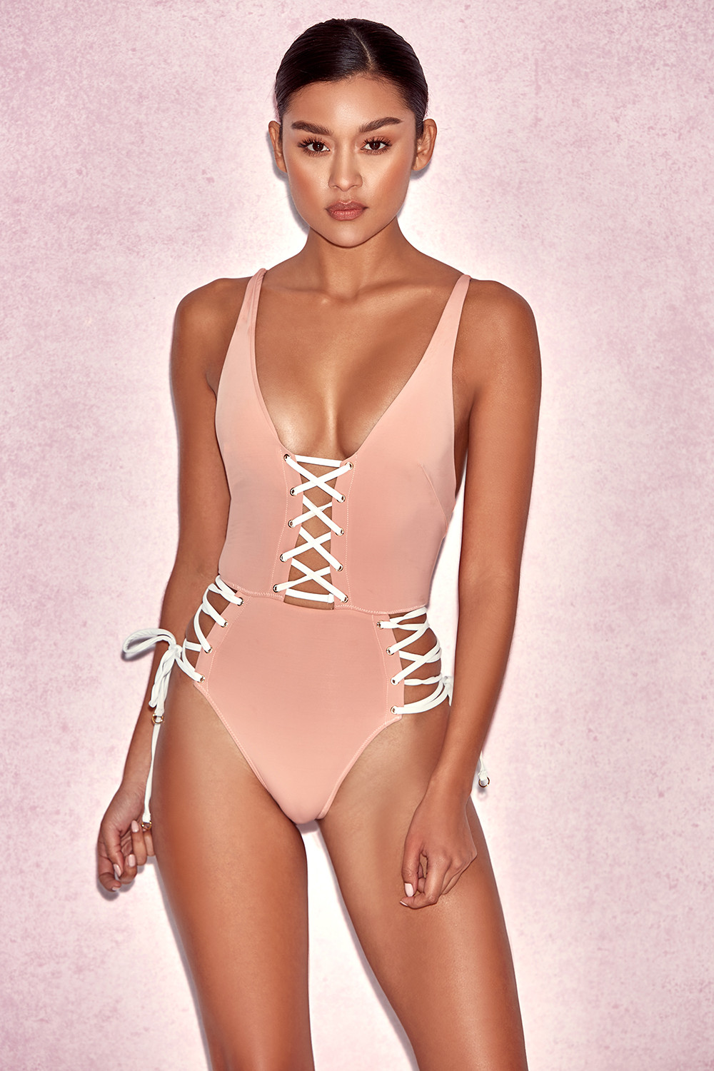 'Zante' Peach Lace Up One Piece Swimsuit